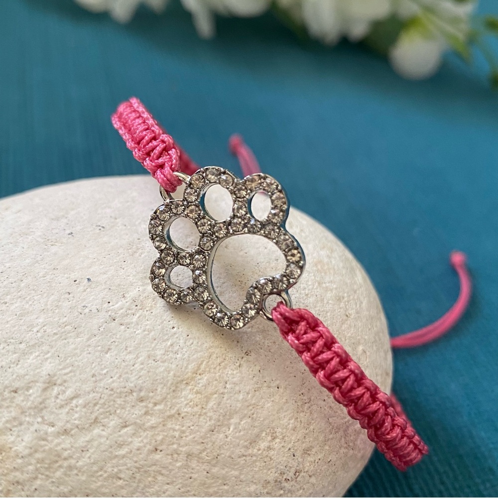 Pink and Silver Macramé‎ Paw Charm Bracelet Adjustable